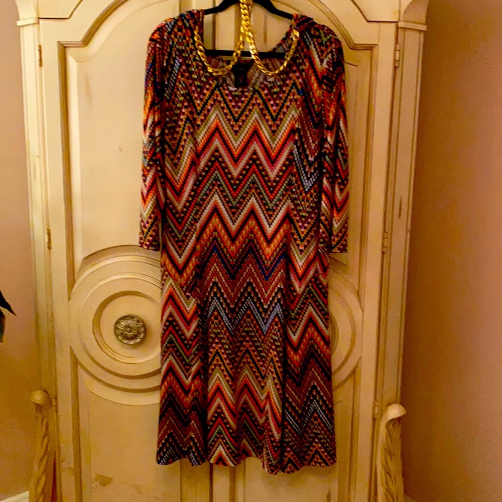 Multi-color dress with gold chain and fabric belt